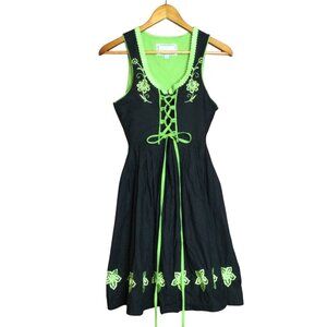Dirndl Oktoberfest Dress Size 32 XS Black Green Embroidered Lace Up Front